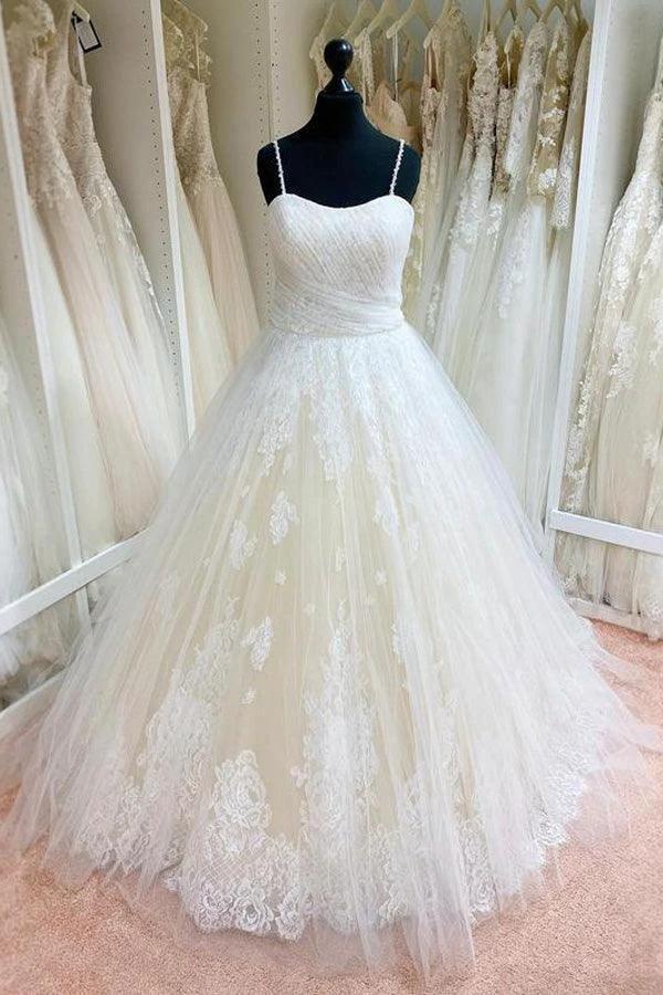 Tulle Lace Spaghetti Straps Appliqued Ball Gown Wedding Dresses WD558 by pgmdress