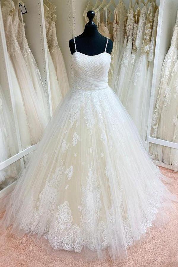 Tulle Lace Spaghetti Straps Appliqued Ball Gown Wedding Dresses  WD558 Hover Image