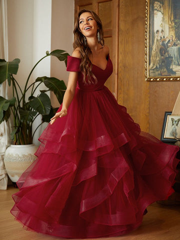 Vestidos de fiesta con volantes de tul y hombros descubiertos SYP141 