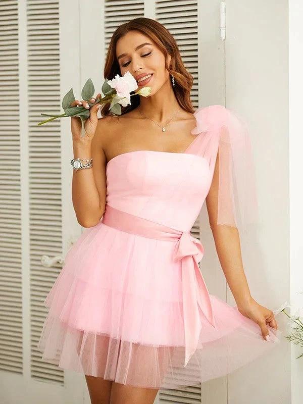 Tube Top Dress Tulle Belt One-Shoulder Short/Mini Dresses SYH50 by vivymakudress