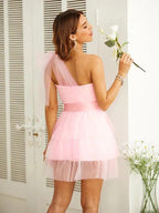 Tube Top Dress Tulle Belt One-Shoulder Short/Mini Dresses SYH50 by vivymakudress