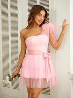Tube Top Dress Tulle Belt One-Shoulder Short/Mini Dresses SYH50 by vivymakudress