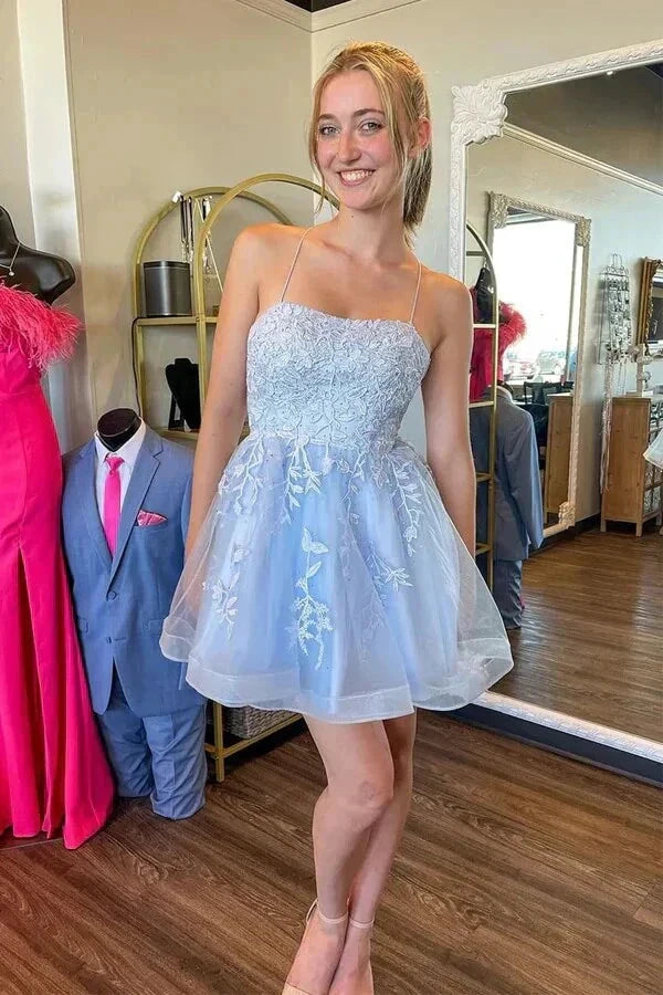 Tulle Short Backless Sky Blue Homecoming Dress with Appliques PD544 by pgmdress