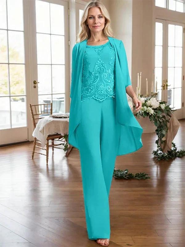 Separates Jumpsuit/Pantsuit Scoop Floor-Length Chiffon Lace Mother of the Bride Dress With Beading Sequins by Dreamylily