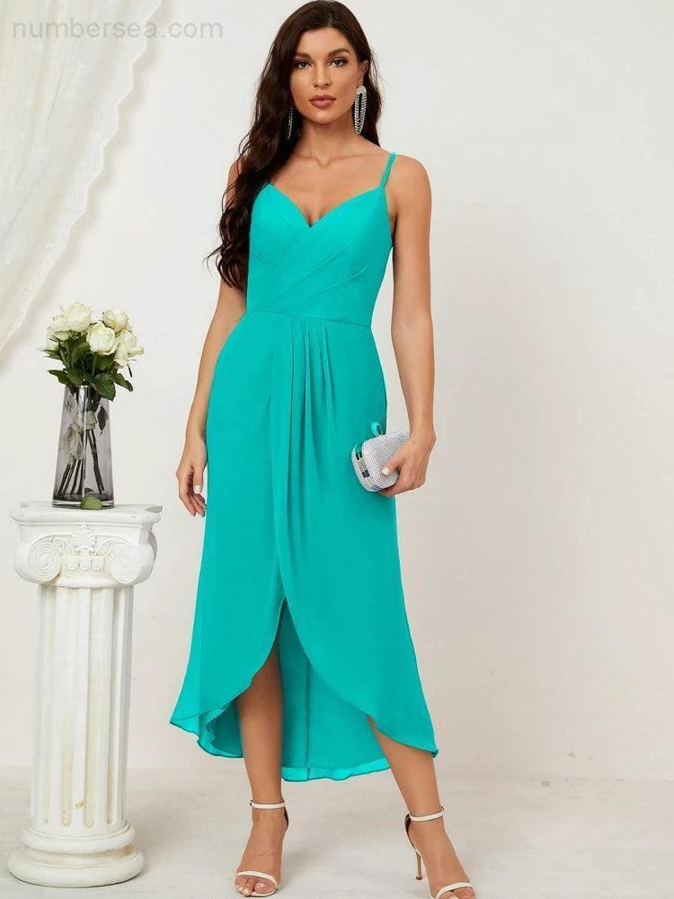 Numbersea Spaghetti Chiffon V Neck Bridesmaid Dress Mid-Length Slit Formal Prom Dress Homecoming Dress 2803 by numbersea