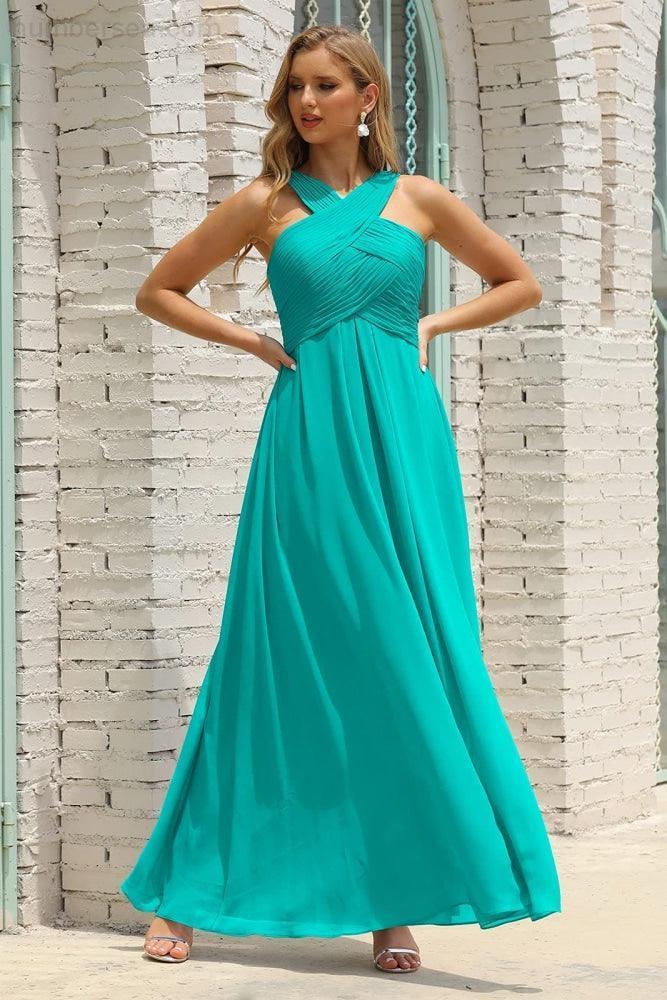 Vestido de dama de honor de gasa con cuello halter para mujer de Numbersea, corte A, largo, formal, para fiesta de graduación, SEA28015 