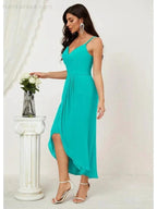 Numbersea Spaghetti Chiffon V Neck Bridesmaid Dress Mid-Length Slit Formal Prom Dress Homecoming Dress 2803 by numbersea