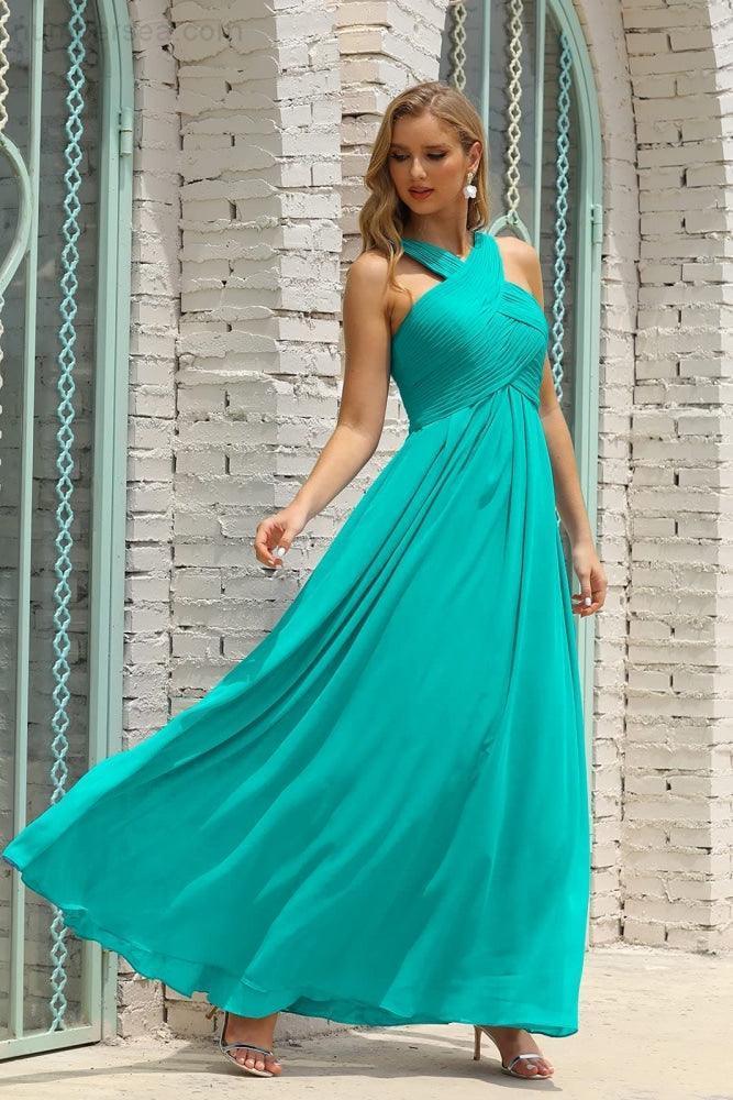 Vestido de dama de honor de gasa con cuello halter para mujer de Numbersea, corte A, largo, formal, para fiesta de graduación, SEA28015 