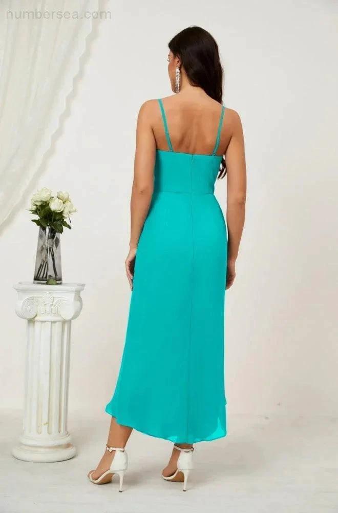 Numbersea Spaghetti Chiffon V Neck Bridesmaid Dress Mid-Length Slit Formal Prom Dress Homecoming Dress 2803 by numbersea