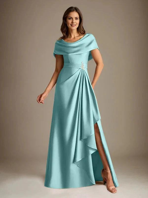 A-Line Scoop Floor-Length Stretch Satin Mother of the Bride Dress With Cascading Ruffles by Dreamylily