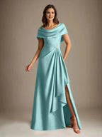 A-Line Scoop Floor-Length Stretch Satin Mother of the Bride Dress With Cascading Ruffles by Dreamylily