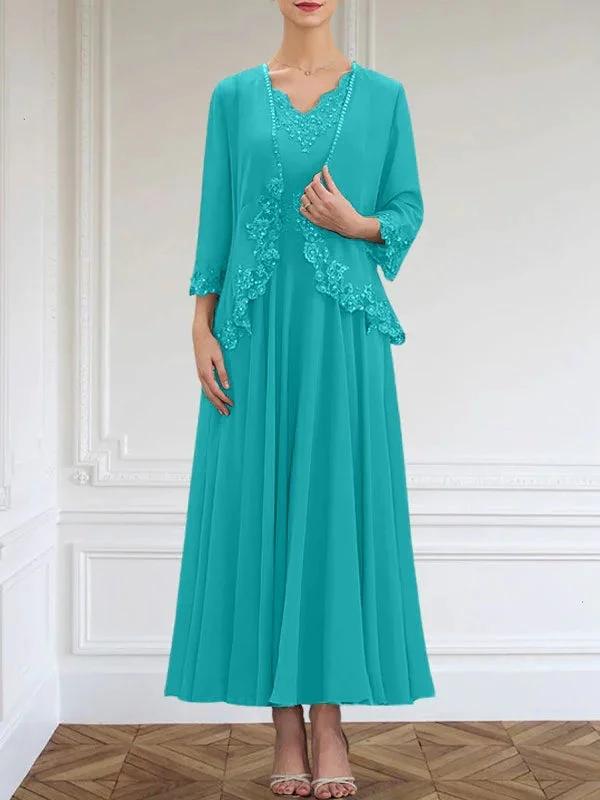 A-line V-Neck Ankle-Length Chiffon Mother of the Bride Dress With Sequins Appliques Lace Beading by Dreamylily