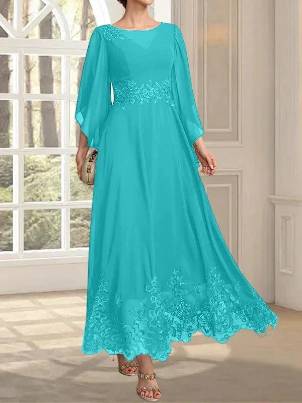 A-line Scoop Illusion Ankle-Length Lace Chiffon Mother of the Bride Dress With Sequins by Dreamylily