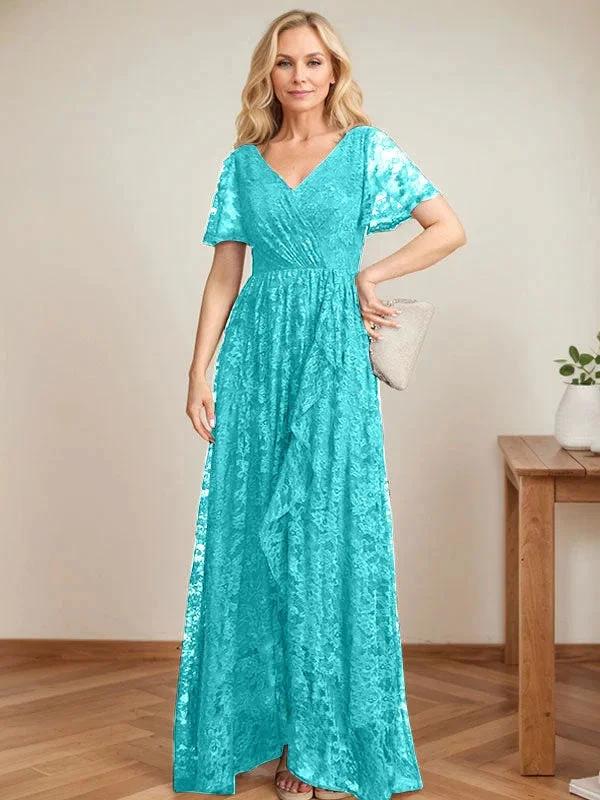 A-Line V-Neck Asymmetrical Lace Mother of the Bride Dress With Cascading Ruffles by Dreamylily