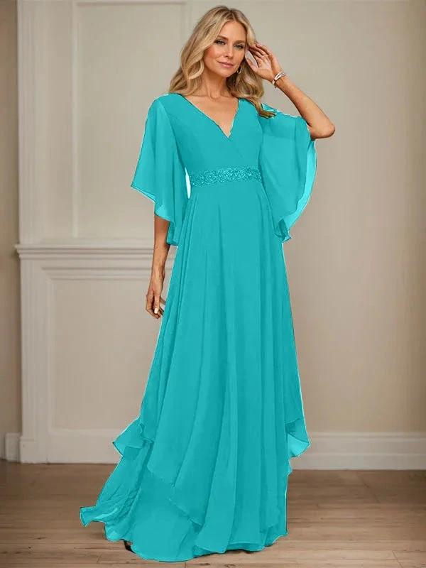 A-line V-Neck Floor-Length Chiffon Mother of the Bride Dress With Sequins Appliques Lace Beading by Dreamylily