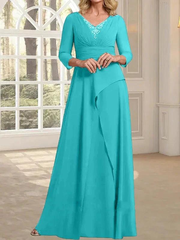 A-line V-Neck Floor-Length Chiffon Mother of the Bride Dress With Pleated Beading by Dreamylily