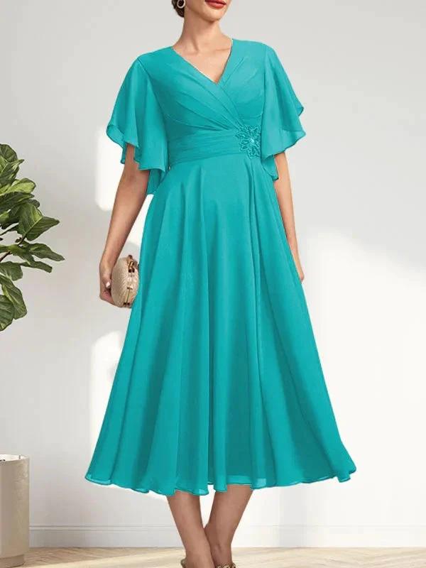 A-line V-Neck Tea-Length Chiffon Mother of the Bride Dress With Pleated Beading by Dreamylily