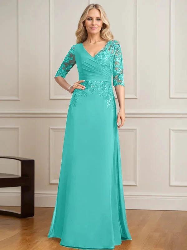 A-line V-Neck Floor-Length Lace Chiffon Mother of the Bride Dress With Pleated Sequins by Dreamylily