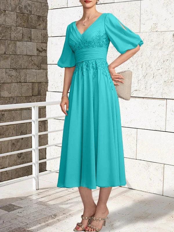 A-line V-Neck Tea-Length Lace Chiffon Mother of the Bride Dress With Pleated by Dreamylily