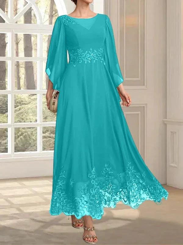 A-line Scoop Illusion Ankle-Length Lace Chiffon Mother of the Bride Dress With Sequins by Dreamylily