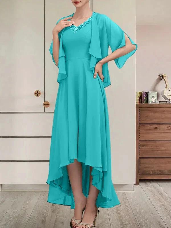 A-line V-Neck Asymmetrical Chiffon Mother of the Bride Dress With Beading Sequins by Dreamylily
