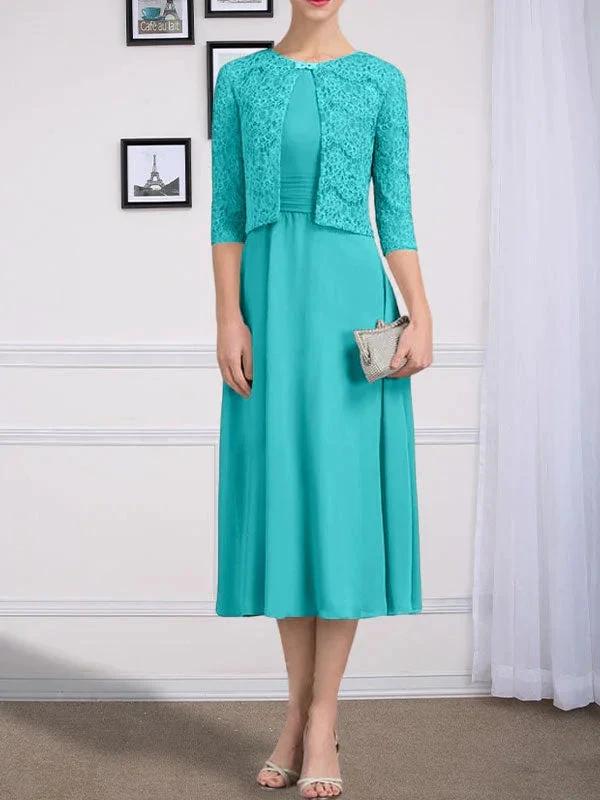 A-line Scoop Tea-Length Chiffon Mother of the Bride Dress With Pleated by Dreamylily