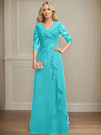 A-line Collared V-Neck Floor-Length Lace Chiffon Mother of the Bride Dress With Sequins Cascading Ruffles by Dreamylily