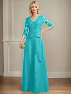 A-line V-Neck Floor-Length Lace Chiffon Mother of the Bride Dress With Cascading Ruffles Sequins by Dreamylily