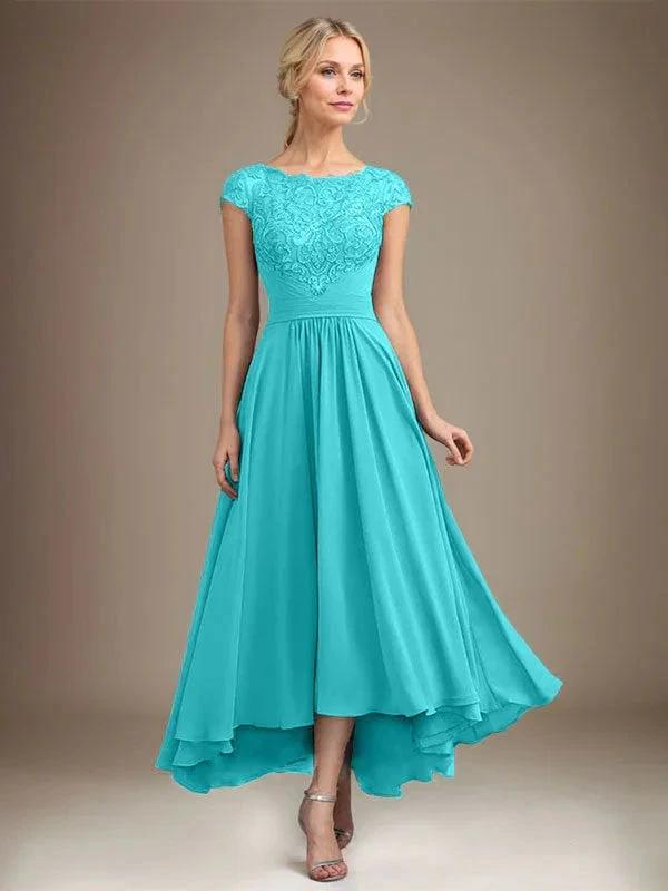 A-line Scoop Illusion Asymmetrical Lace Chiffon Mother of the Bride Dress With Pleated by Dreamylily
