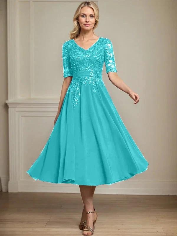 A-line V-Neck Tea-Length Lace Chiffon Mother of the Bride Dress With Sequins by Dreamylily
