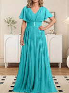 A-line V-Neck Floor-Length Chiffon Mother of the Bride Dress With Crystal Brooch Pleated by Dreamylily