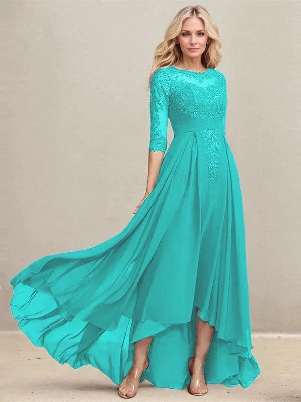 A-line Scoop Illusion Asymmetrical Lace Chiffon Mother of the Bride Dress With Pleated Sequins by Dreamylily