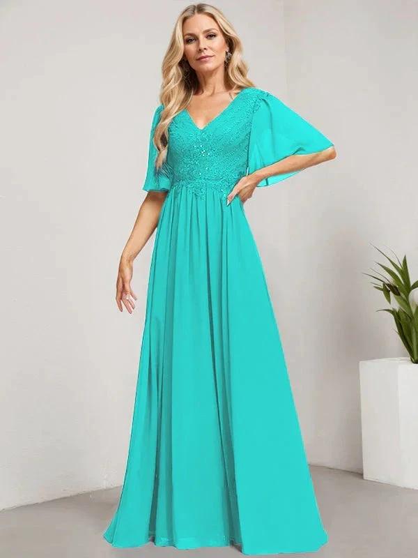 A-line V-Neck Floor-Length Lace Chiffon Mother of the Bride Dress With Sequins by Dreamylily