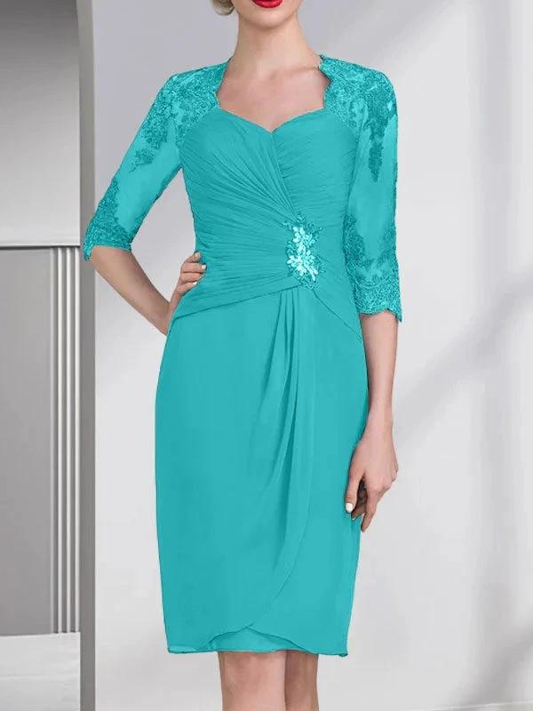 Sheath/Column Sweetheart Knee-Length Chiffon Mother of the Bride Dress With Beading Appliques Lace Sequins Pleated by Dreamylily