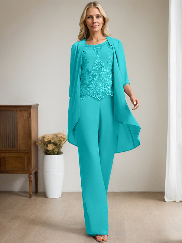 Separates Jumpsuit/Pantsuit Scoop Floor-Length Chiffon Lace Mother of the Bride Dress With Beading Sequins