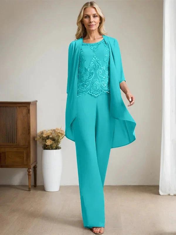 Separates Jumpsuit/Pantsuit Scoop Floor-Length Chiffon Lace Mother of the Bride Dress With Beading Sequins by Dreamylily