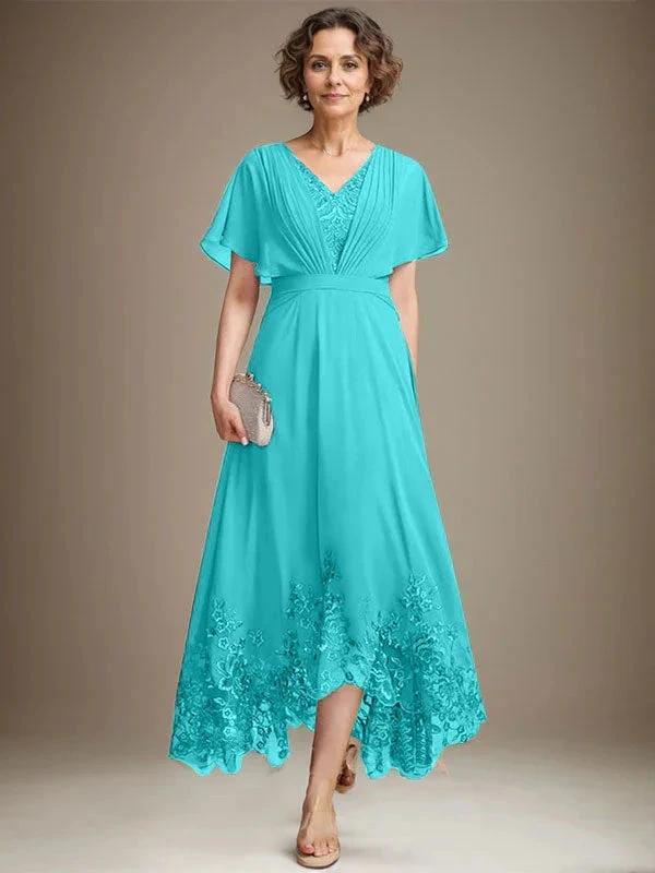 A-line V-Neck Asymmetrical Lace Chiffon Mother of the Bride Dress With Pleated by Dreamylily