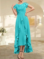 A-line Scoop Illusion Asymmetrical Chiffon Lace Mother of the Bride Dress With Bow Ruffle Sequins by Dreamylily