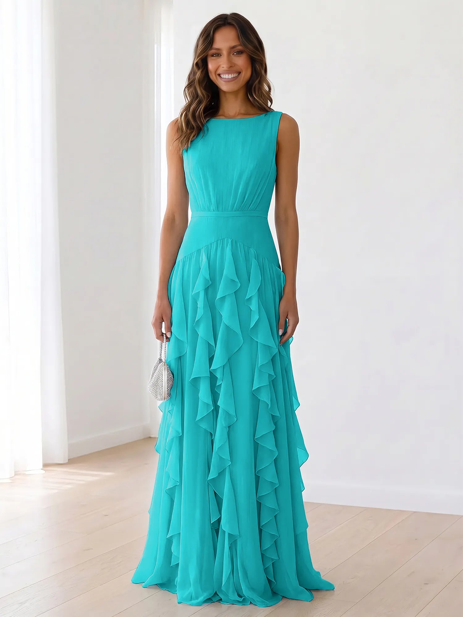 Sleeveless Tiered Chiffon Maxi Evening Gown with Ruched Bodice