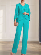 Separates Jumpsuit/Pantsuit V-Neck Floor-Length Chiffon Mother of the Bride Dress