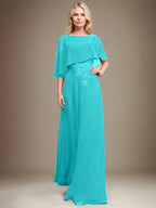 A-line Scoop Floor-Length Chiffon Lace Mother of the Bride Dress With Sequins Beading by Dreamylily