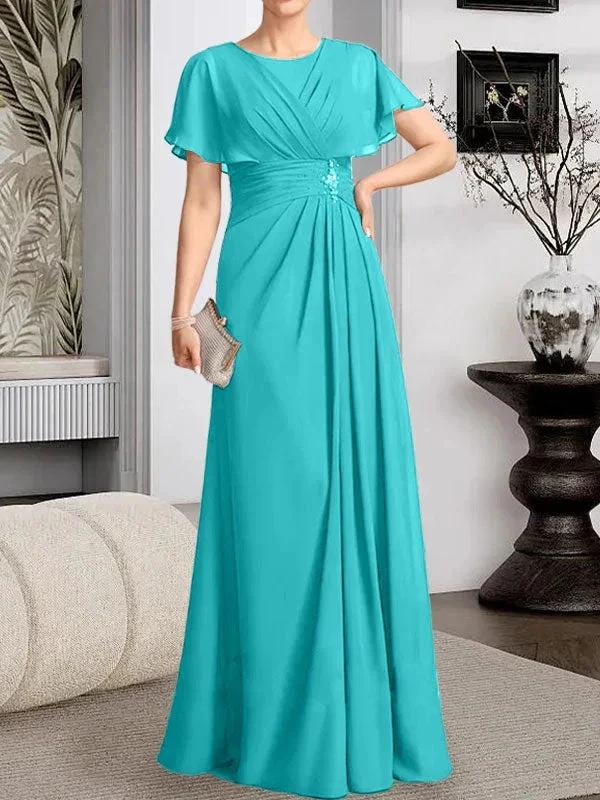 A-line Scoop Floor-Length Chiffon Mother of the Bride Dress With Pleated Beading by Dreamylily