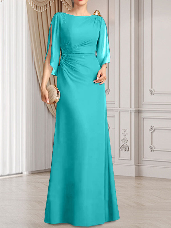 Etui-Linie/Säule U-Ausschnitt Bodenlang Chiffon Kleid für die Brautmutter mit Plissee Perlenbesatz