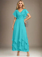 A-line V-Neck Ankle-Length Lace Chiffon Mother of the Bride Dress With Cascading Ruffles by Dreamylily