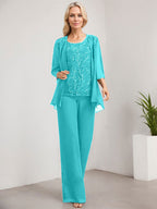 Separates Jumpsuit/Pantsuit Scoop Floor-Length Lace Chiffon Mother of the Bride Dress With Sequins