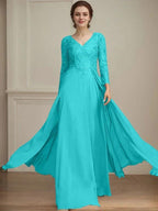 A-line V-Neck Floor-Length Lace Chiffon Mother of the Bride Dress With Sequins by Dreamylily