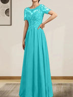 A-line Scoop Illusion Floor-Length Chiffon Lace Mother of the Bride Dress With Sequins Beading by Dreamylily