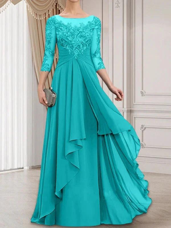 A-line Scoop Illusion Floor-Length Lace Chiffon Mother of the Bride Dress With Cascading Ruffles by Dreamylily