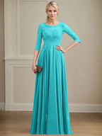 A-line Scoop Illusion Floor-Length Lace Chiffon Mother of the Bride Dress With Sequins by Dreamylily