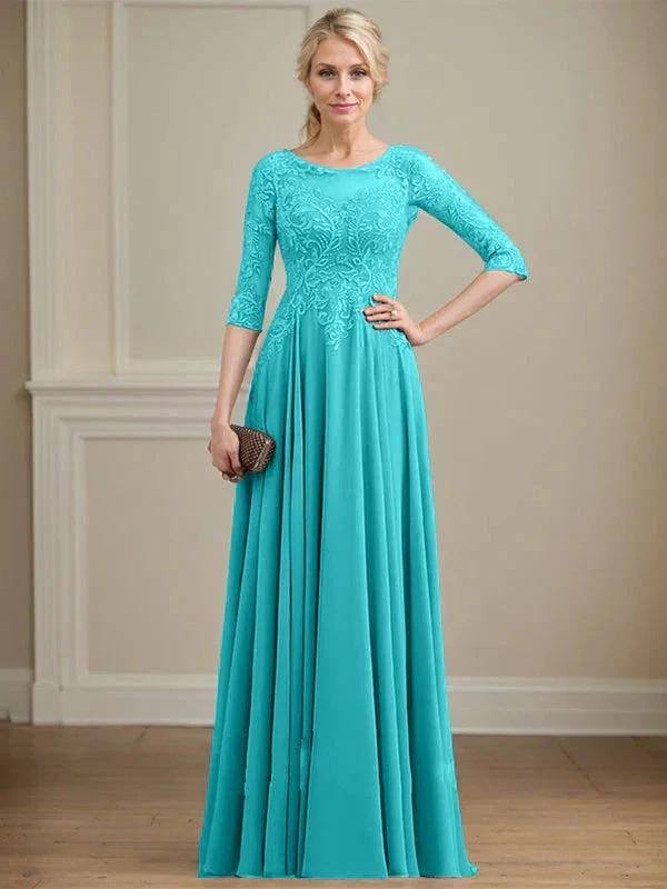 A-line Scoop Illusion Floor-Length Lace Chiffon Mother of the Bride Dress With Sequins by Dreamylily